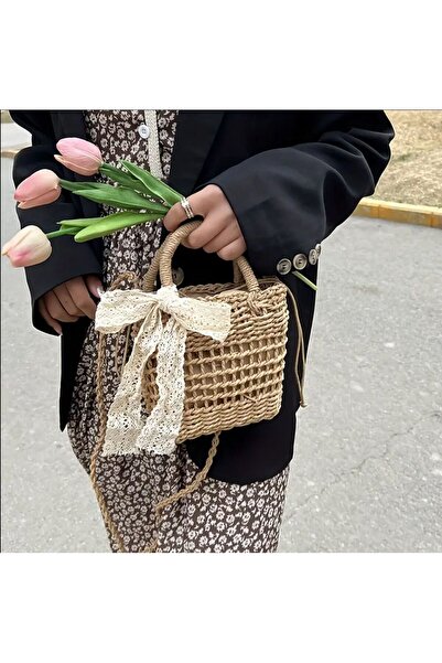 Tudivanyu Aksesuar Vintage Μίνι Ψάθινη Τσάντα με Φιόγκο και Δαντέλα - Αξεσουάρ