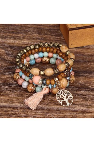 Choice 7 4Pcs/Set Boho Wooden Beaded Bracelet Set For Women Tree Of Life White Tassels Charm Elastic Chain.