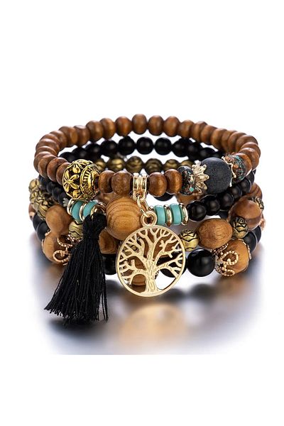 Choice 2 4Pcs/Set Boho Wooden Beaded Bracelet Set For Women Tree Of Life White Tassels Charm Elastic Chain.