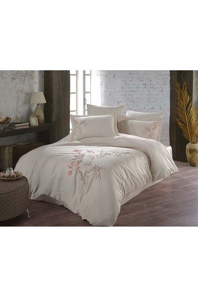 Okya Home Dreamoria Warm Ivory 100% Cotton Satin Bed Linen Set 6 Pcs 200x220 Cm & Gift Turkish Coffee Set