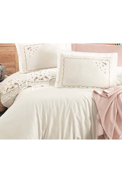 Okya Home Velmora Cream 100% Cotton Satin Bed Linen Set 6 Pcs 200x220 Cm & Gift Turkish Coffee Set