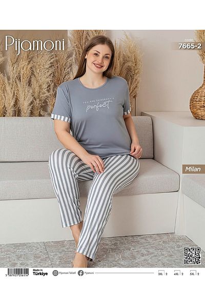 Pijamoni Gray Colorful Large Size Bamboo Milan Fabric Women's Zero Collar Short Sleeve Pajama Set