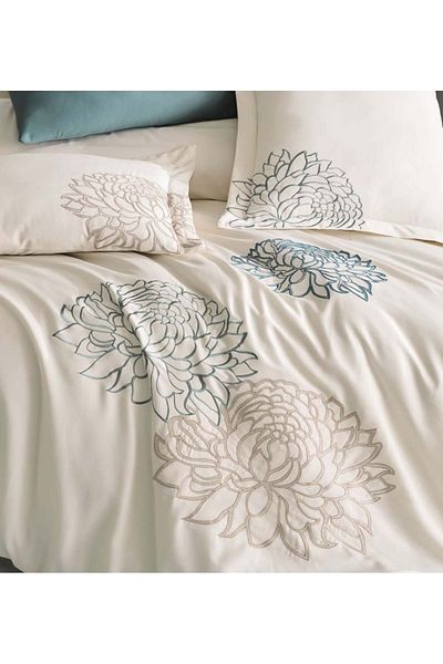 Okya Home Eterna Cream & Aqua 100% Cotton Satin Bed Linen Set 6 Pcs 200x220 Cm & Gift Turkish Coffee Set