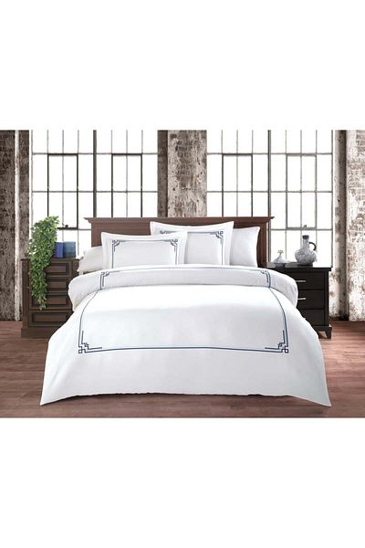 Okya Home Noctura White & Midnight Blue Cotton Satin Bed Linen 6 Pcs 200x220 Cm & Gift Turkish Coffee Set