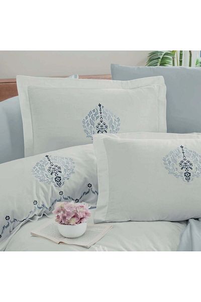 Okya Home Silkora Ecru 100% Cotton Satin Bed Linen Set 6 Pcs 200x220 Cm & Gift Turkish Coffee Set