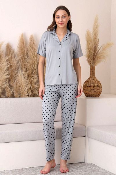 Pijamoni Bamboo Milan Fabric Gray Color Short Sleeve Shirt Collar Women's Pajamas Set