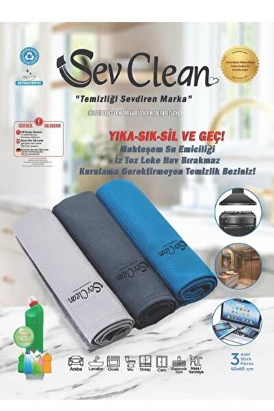 Sev Clean Mikrofiber 3'lü Temizlik Bezi, Toz Kir Leke Bırakmaz, Silgeç Bez