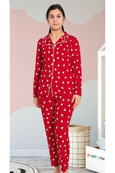 demir kids Girl's Heart Patterned Red Front Buttoned Seasonal Shirt Collar Cotton Pajama Set