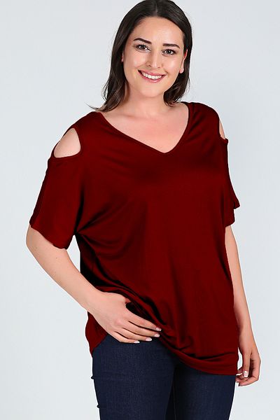 Curvy Trend Large Size Shoulder V Window Short Sleeve Blouse