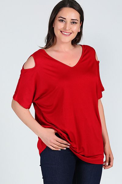 Curvy Trend Large Size Shoulder V Window Short Sleeve Blouse