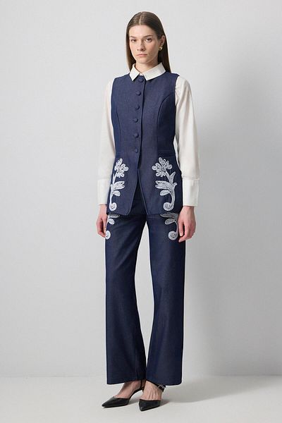 Touché Privé Denim Vest Pants Suit with Embroidery Detail