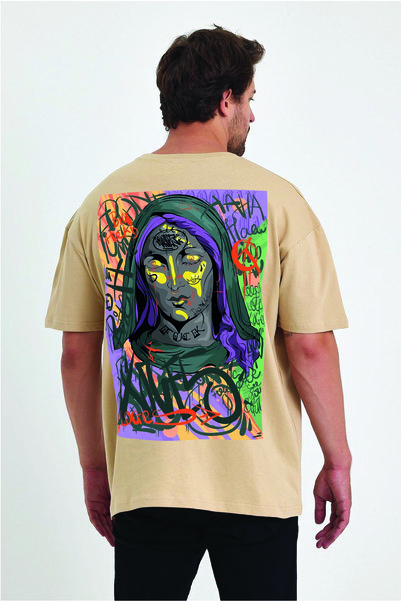 By Caspita Fashion Lenithra Mary Back Štampano Unisex Oversize kroj Bež T-shirt