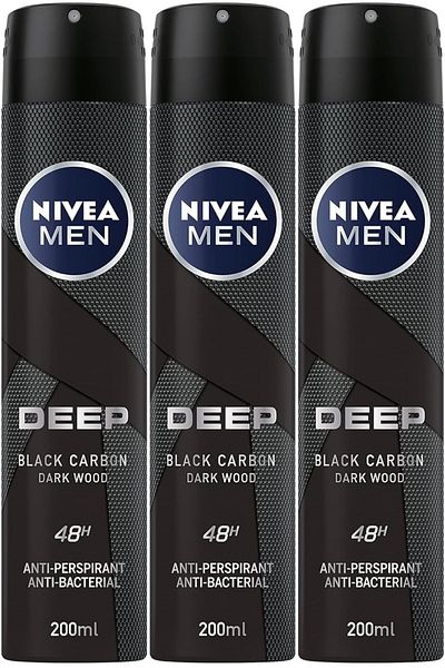 NIVEA مزيل عرق بخاخ للرجال برائحة الخشب الداكن والكربون الأسود العميق يدوم 48 ساعة، 150 مل × 3