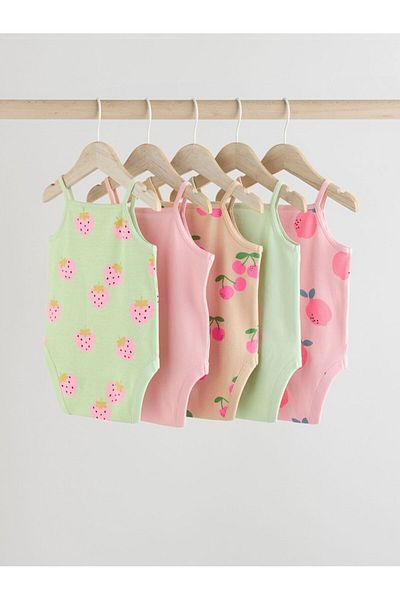 Next Baby 100% Cotton Green Pink Fruit Patterned Rope Strap 5-Piece Bodysuit Set