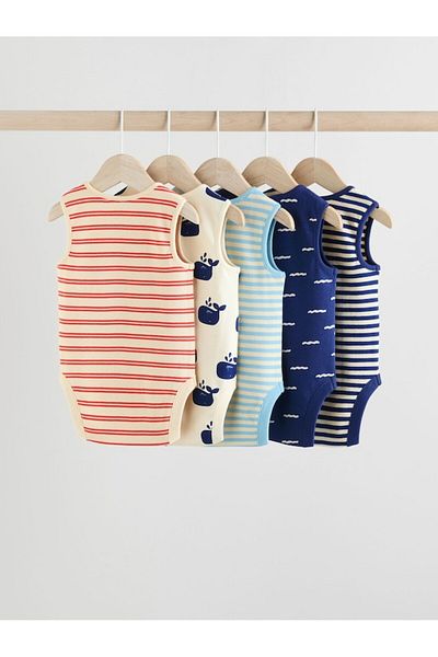 Next Baby 100% Cotton Red Blue Fish Patterned 5-Piece Bodysuit Set