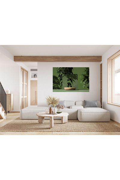 Zumzeria Display Tablou Canvas Din Lemn, Umbre Frunze și Fond Verde, 80x50cm