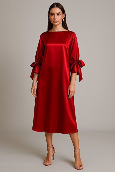 MERT ERKAN Kol Ağzı Bağlama Detaylı Saten Oversize Midi Elbise