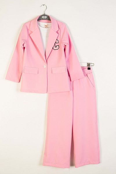wakawakakidsstore Crepe Fabric Appliqued Button Closure Bazer Jacket Suit - Pink