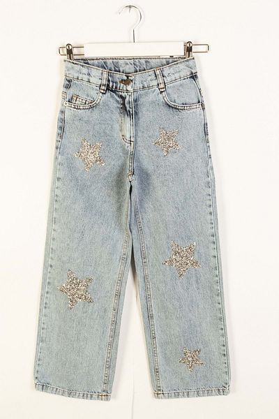 wakawakakidsstore Star Stone Printed Adjustable Waist Girls Jeans - Blue