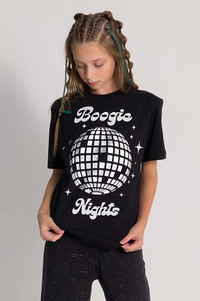 wakawakakidsstore Tricou pentru fetiță cu decolteu rotund cu imprimeu Disco Ball - negru