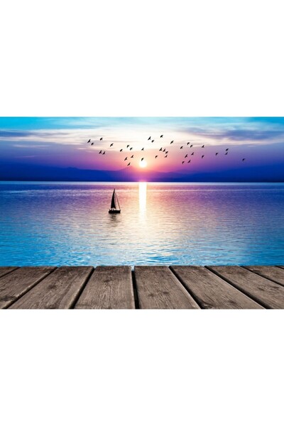 Zumzeria Tablou Canvas Vedere splendidă a unei barci cu pânze, stol de păsări și mare la apus, 80x50cm