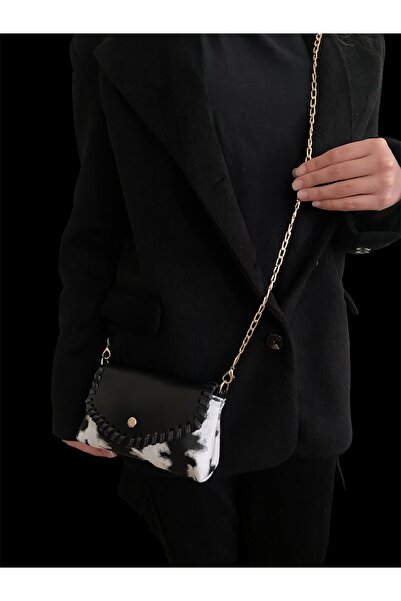 Melos Butik Geantă mini crossbody cu curea cu lanț cu model alb-negru pentru femei