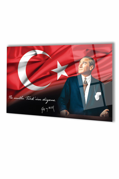 home dekors Atatürk Portre ve Türk Bayrağı Yatay Cam Tablo, Ev, İş, Kurum, Of...