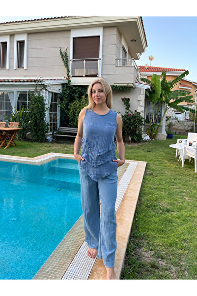 Çeşme Home Kadın Mavi Doğal Müslin Kumaş Pantolon Bel Lastikli Ayarlanabilir ...