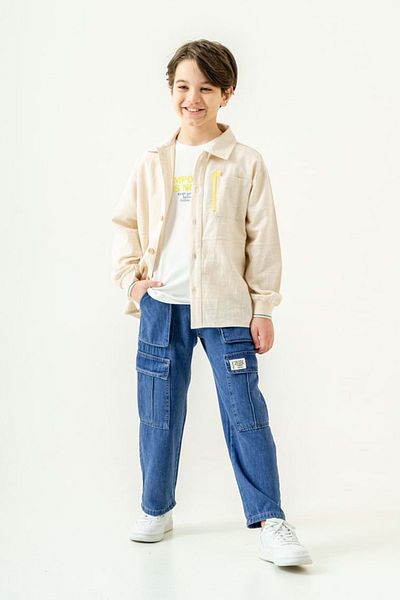 wakawakakidsstore Beige 3Pcs Boy's Set: Linen Shirt, Inner T-Shirt and Cargo Pants