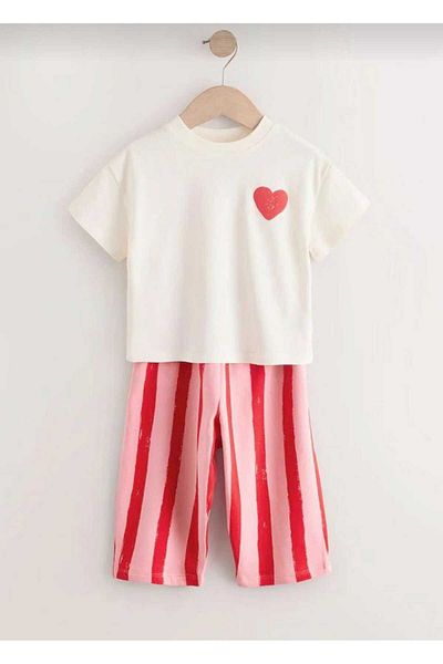Karan Kids Girl's Heart Pattern Cotton Tshirt and Striped Pants Bottom Top Set