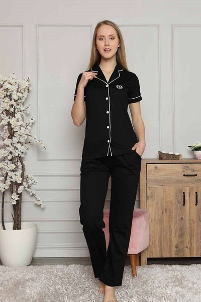 bie's Women's Shirt Collar Front Buttoned White Piping Short Sleeve Pocket Pajama Set