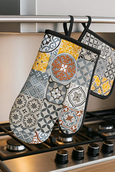Home Etnik Desenli Premium Fırın Eldiveni , Tutacak Seti, Hediyelik Isıya Day...