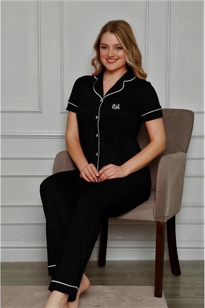 bie's Women's Shirt Collar Front Buttoned White Piping Short Sleeve Pocket Pajama Set