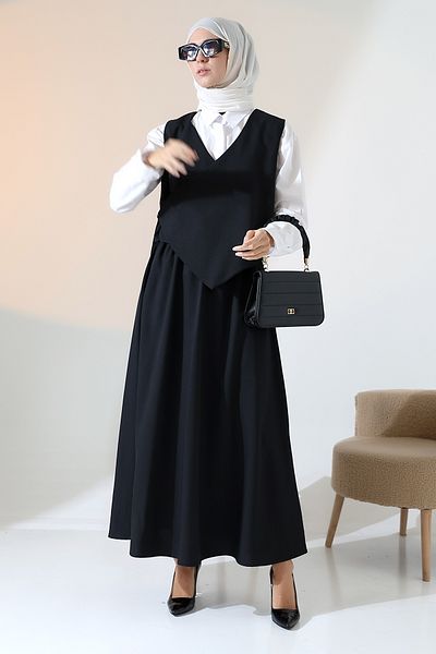 Mihran Butik Women's Woven Belt Detailed Black Vest Skirt Suit