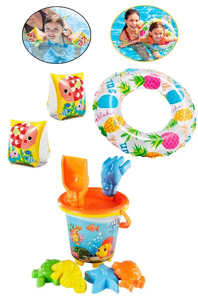 Yeşil Oyuncak 3-6 Years Old Children's Sea Pool Swimming Ring Inflatable Sleeve and Beach Bucket