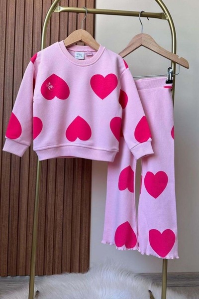 Genel Markalar Kalp Baskılı Fitilli Taytlı Kız Çocuk Takım