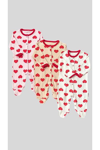 wakawakakidsstore Baby Girl Jumpsuit Heart Printed Snap Closure Booties 3-Piece Ecru-White-Pink