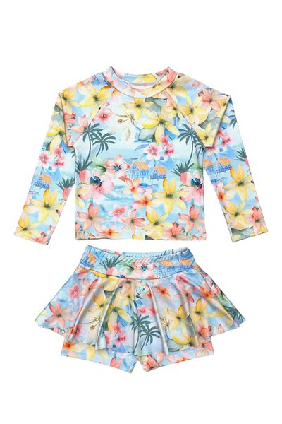 Lolliboomkids Pastel Color Floral Print Long Sleeve Leggings Skirted 2 Piece Swimsuit / Bikini Set