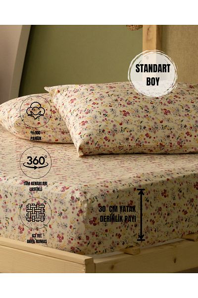 sutra طقم ملاءة سرير مزدوج 100% قطن - 160x200 سم، 63 خيط، مطاط