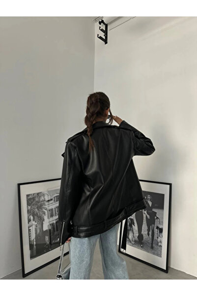 Ekim Store Uzun Kemerli Boyfriend Deri Ceket