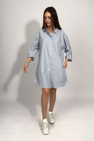 Betimoda Rochie de damă albastră din bumbac, țesută în dungi, ocazională, elegantă, cu rever