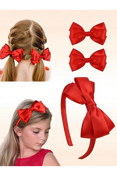 Fiyonks Atölye Satin Bow Crown Buckle Set, 3-Piece Crown Buckle Set, Hair Accessory