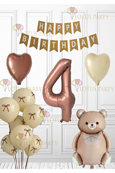 LOTUS PARTY Retro Brown Bear Birthday Set - Balloons and Banner 4 Years Old