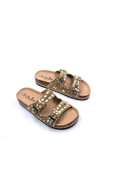 Guja Mother of Pearl Stone Bead Detailed Buckle Gold Color Women's Slippers