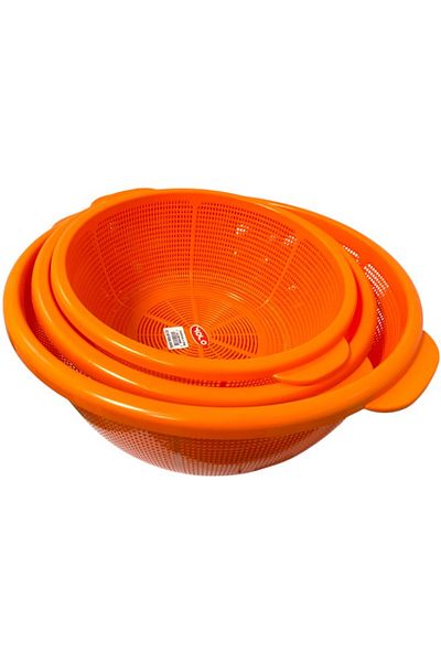 Yolo Multi Purpose Plastic Stainer Colander Set of 3 Pieces, Washing Net -48cm,42cm and 37cm -Orange
