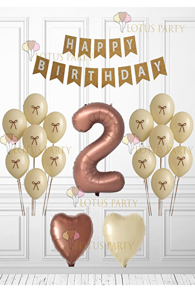 LOTUS PARTY Retro Birthday Set - Balloon with Ribbon - Brown Heart Balloon - Kraft Happy Birtyday Banner 2 Years Old