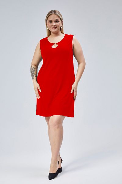 Curvy Trend Large Size Ring Detailed Sleeveless Viscose Dress
