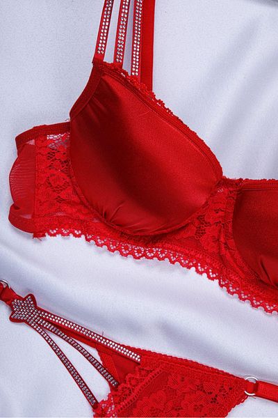 SATTENS B Cup Bra Panty Set with Rhinestones Backing Stylish Satin Finish with Rhinestones