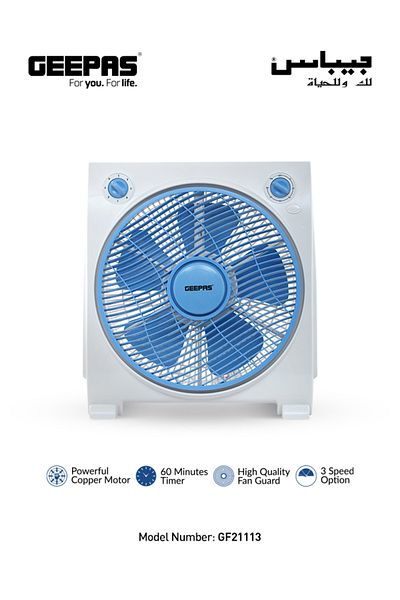 Geepas 12-Inch Box Fan With 3 Speed 60 Minutes Timer Portable Personal Desk Fan