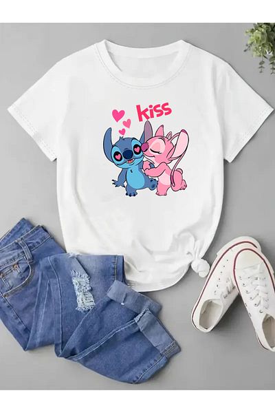 makiteks Tricou oversize cu imprimeu Stitch pentru femei si barbati alb-negru-gri